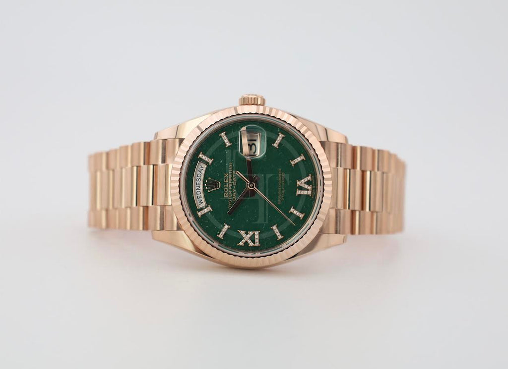 Rolex Day-Date 36 mm President Rose Gold Green Aventurine Diamond Dial Fluted Bezel - 128235