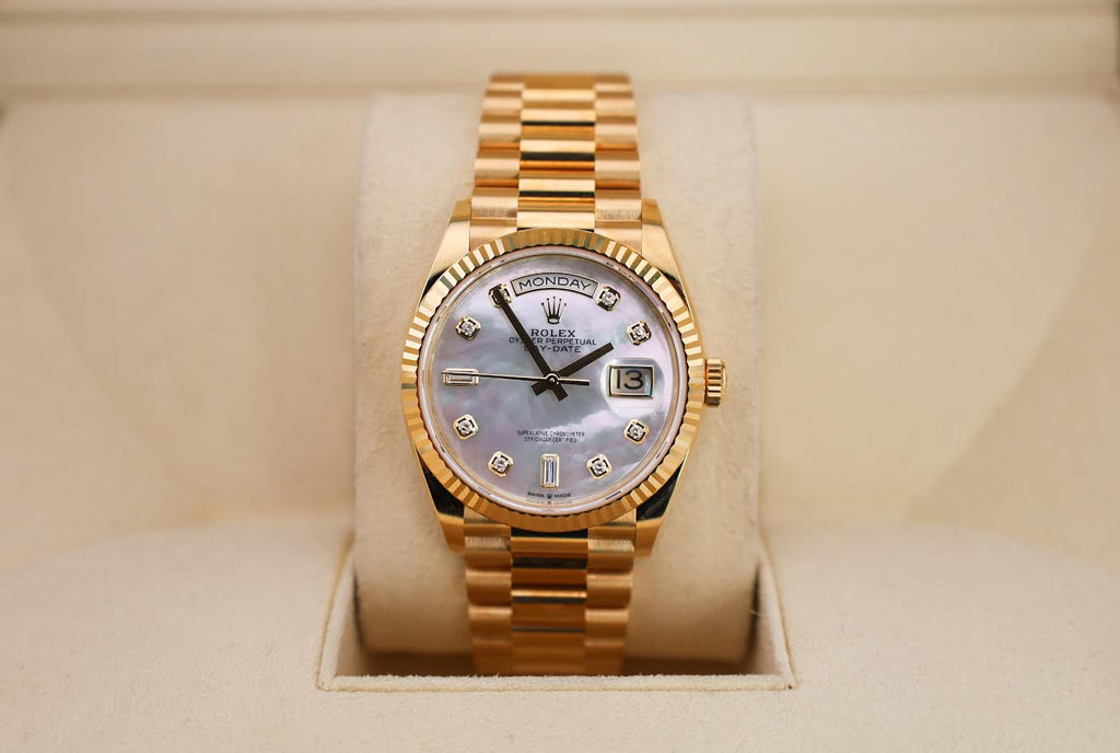 Rolex Yellow Gold Day-Date 36 Watch - Fluted Bezel - Mother-of-Pearl Diamond Dial - President Bracelet - 128238 mdp