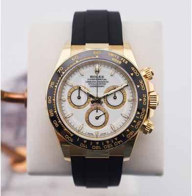 Rolex Yellow Gold Cosmograph Daytona Watch - Black Cerachrom Bezel - White Index Dial - Oysterflex Strap - 126518ln wiof