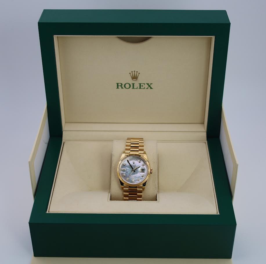 Rolex Yellow Gold Day-Date 36 Watch - Fluted Bezel - Mother-of-Pearl Diamond Dial - President Bracelet - 128238 mdp