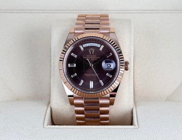 Rolex Day-Date 40 Rose Gold Chocolate Diamond Dial & Fluted Bezel President Bracelet 228235 -