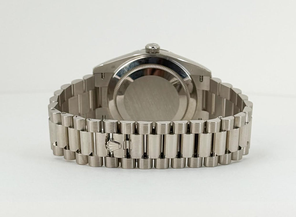 Rolex White Gold Day-Date 40 Watch - Fluted Bezel - Meteorite Baguette Diamond Dial - President Bracelet - 228239 mtdp