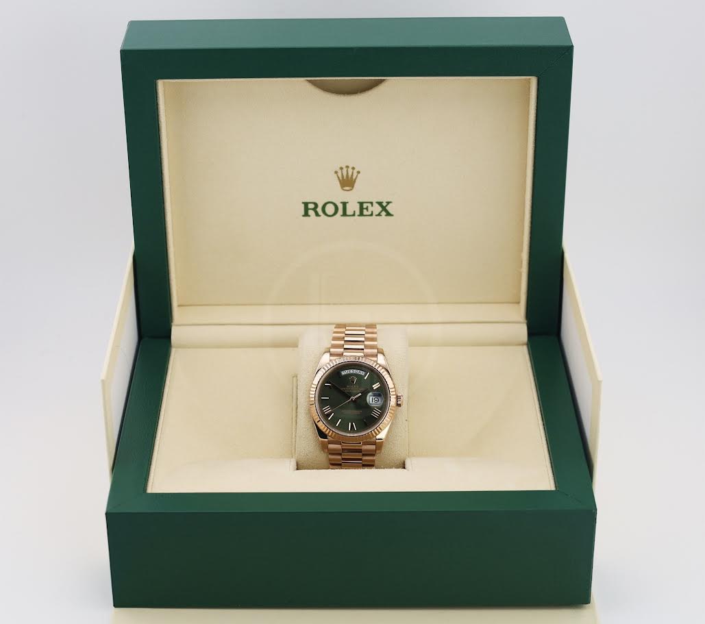 Rolex Day-Date 40 Rose Gold Olive Green Roman Dial & Fluted Bezel President Bracelet 228235 -