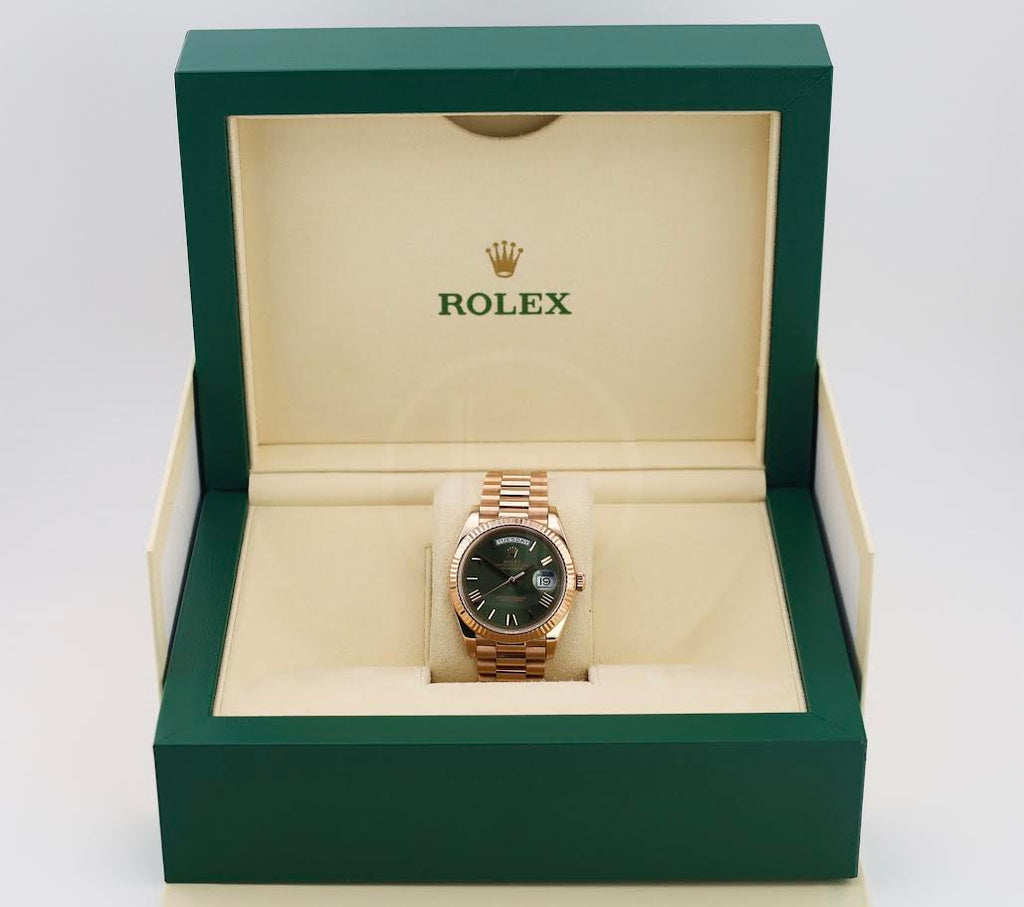 Rolex Day-Date 40 Rose Gold Olive Green Roman Dial & Fluted Bezel President Bracelet 228235 -