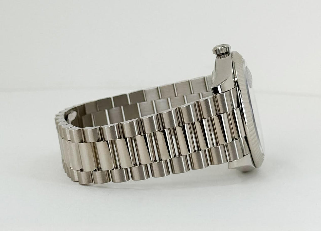 Rolex White Gold Day-Date 40 Watch - Fluted Bezel - Meteorite Baguette Diamond Dial - President Bracelet - 228239 mtdp