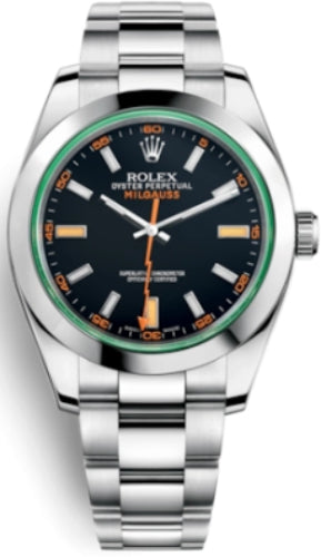 Rolex Milgauss Green Crystal Stainless Steel Black Dial Smooth Bezel Oyster Bracelet 116400GV