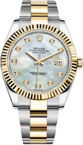 Rolex Datejust 41 Yellow Gold/Steel White Mother of Pearl Diamond Dial Fluted Bezel Oyster Bracelet 126333 -