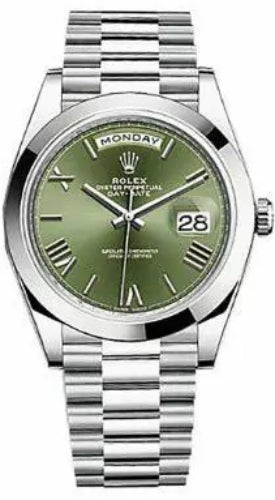Rolex Day-Date 40 Platinum Olive Green Roman Dial & Smooth Bezel President Bracelet 228206 -