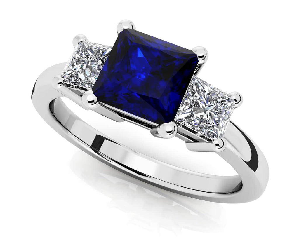 3 Stone Princess Diamond And Gem Diamond Ring with 1.23 ct.(finished) 3.3mm, 5mm Sapphire - Luxury Time NYC