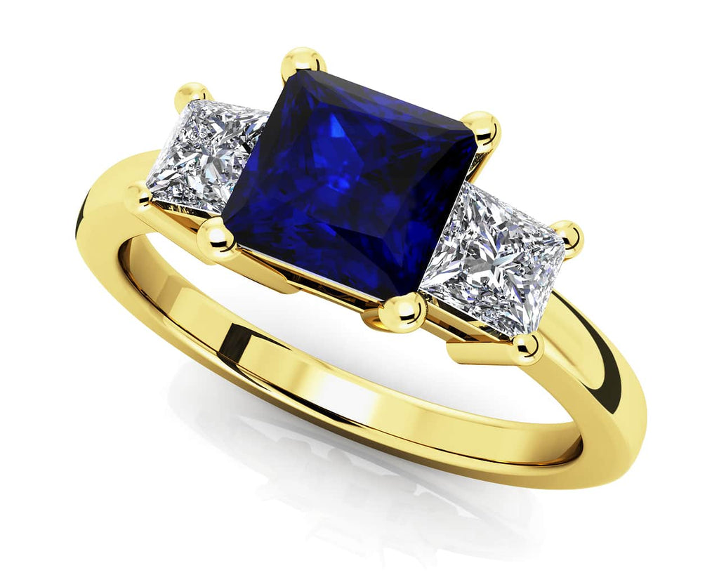 3 Stone Princess Diamond And Gem Diamond Ring with 1.23 ct.(finished) 3.3mm, 5mm Sapphire - Luxury Time NYC