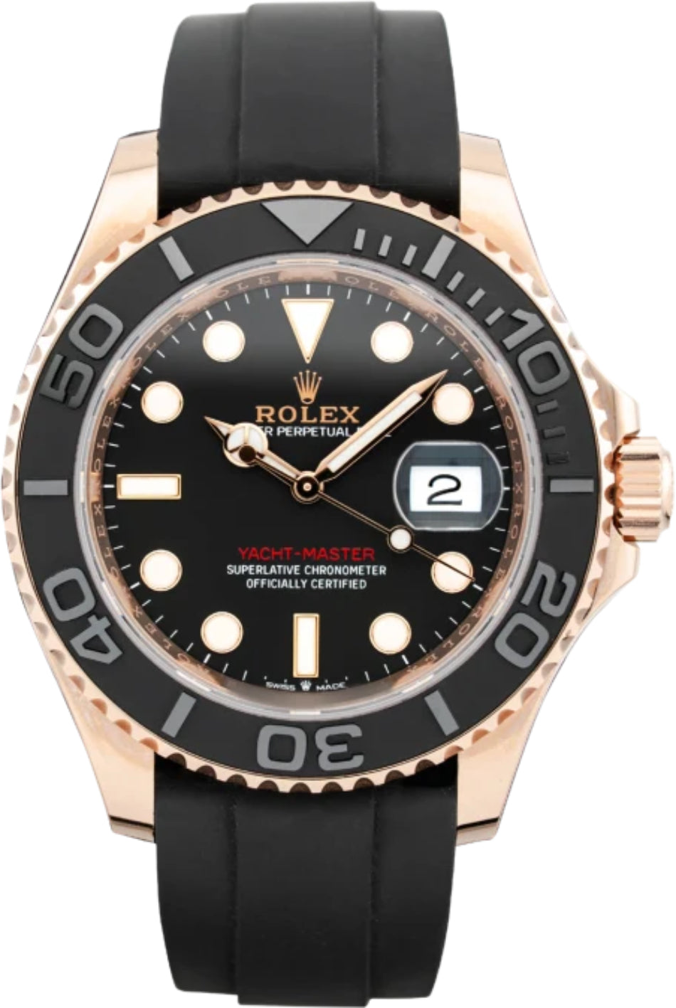 Rolex Yacht-Master 40 Rose Gold Everose 18k Black Dial Ceramic Bezel Oysterflex Rubber Bracelet 116655