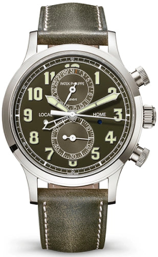 Patek Philippe Complications Calatrava Pilot Travel Time Chronograph White Gold Khaki Green Dial 5924G-010