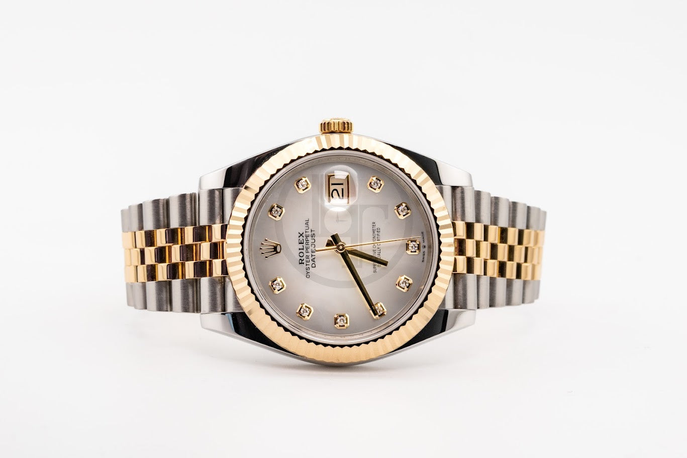 Rolex Steel and Yellow Gold Rolesor Datejust 41 Watch - Fluted Bezel - White Mother-Of-Pearl Diamond Dial - Jubilee Bracelet - 126333 mdj