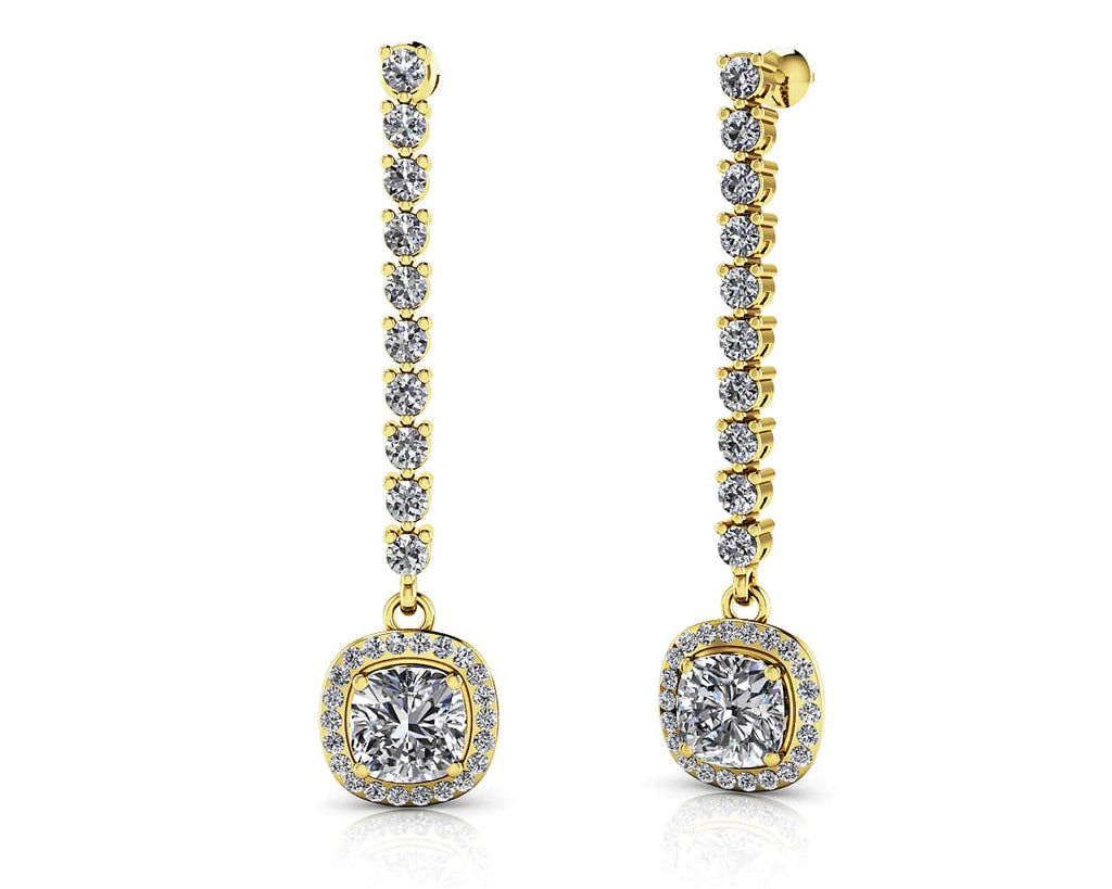 Modern Elegance Cushion Cut Diamond Drop Diamond Earrings with 4.25 ct.(finished) 1.1mm, 2.3mm, 6.5mm