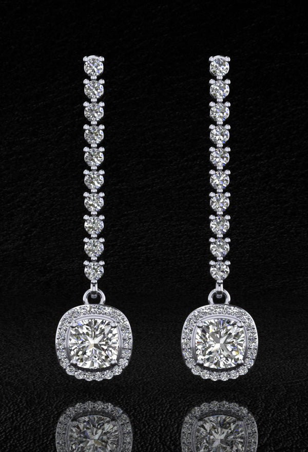 Modern Elegance Cushion Cut Diamond Drop Diamond Earrings with 4.25 ct.(finished) 1.1mm, 2.3mm, 6.5mm