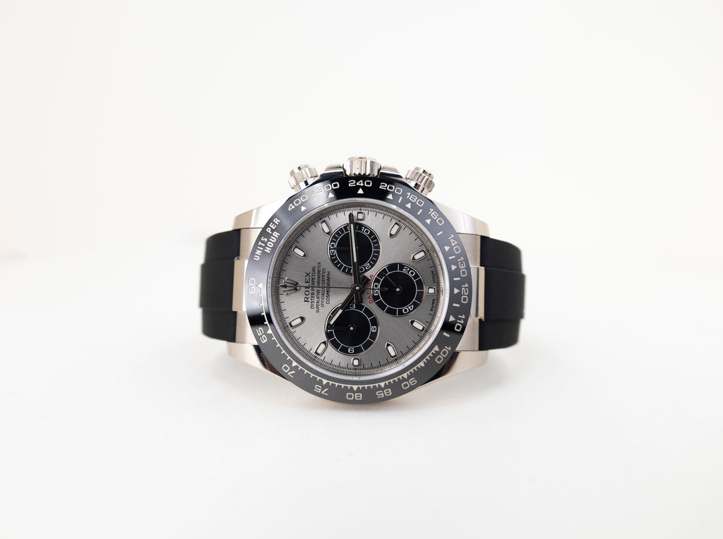 Rolex White Gold Cosmograph Daytona 40 Watch - Steel Index Dial - Black Oysterflex Strap - 116519LN stbkof