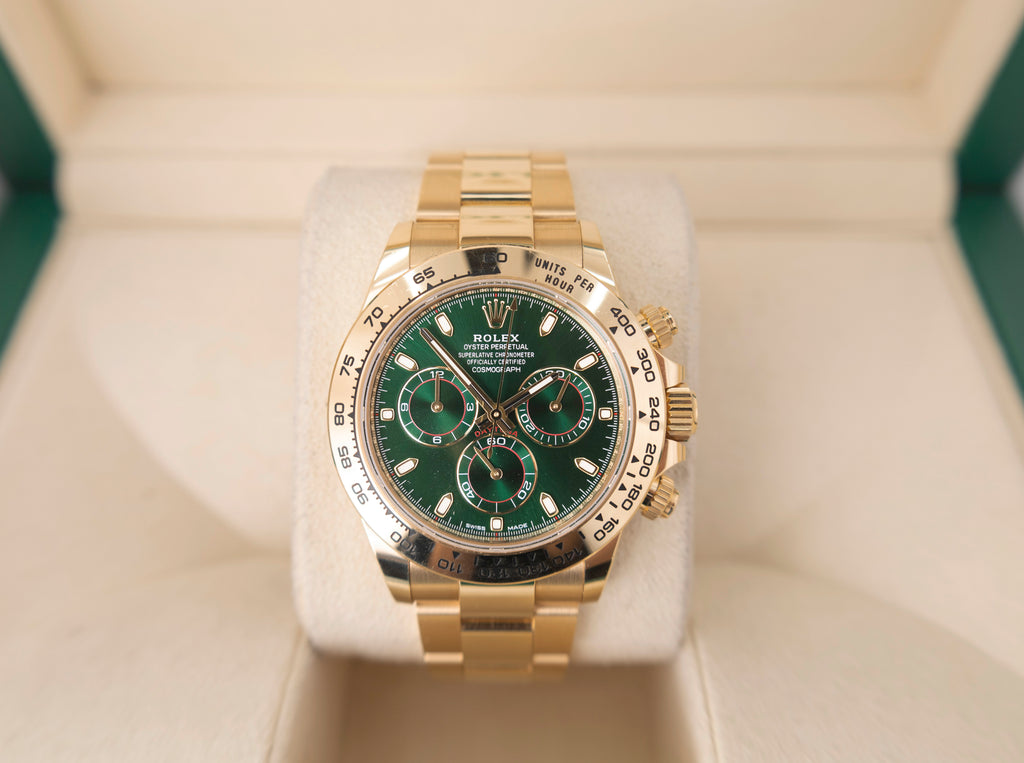 Rolex Daytona Yellow Gold Green Index Dial Yellow Gold Bezel Oyster Bracelet 116508