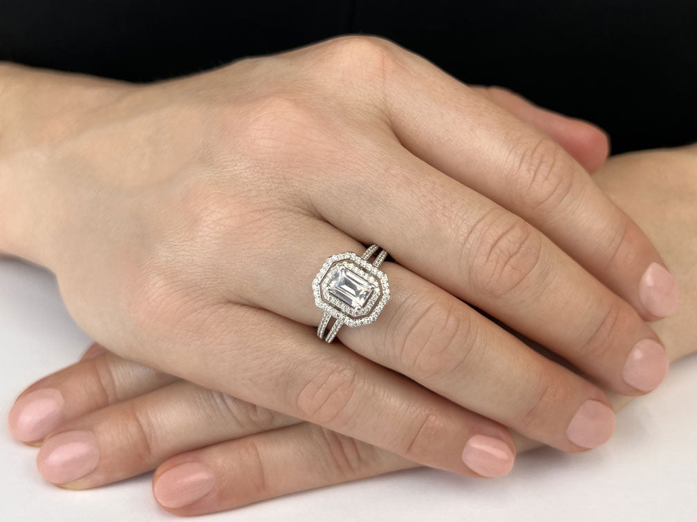 Modern Emerald Cut Double Halo Ring Lab-Grown Diamond  with 2.06 ct. (1.50 ct. center diamond)