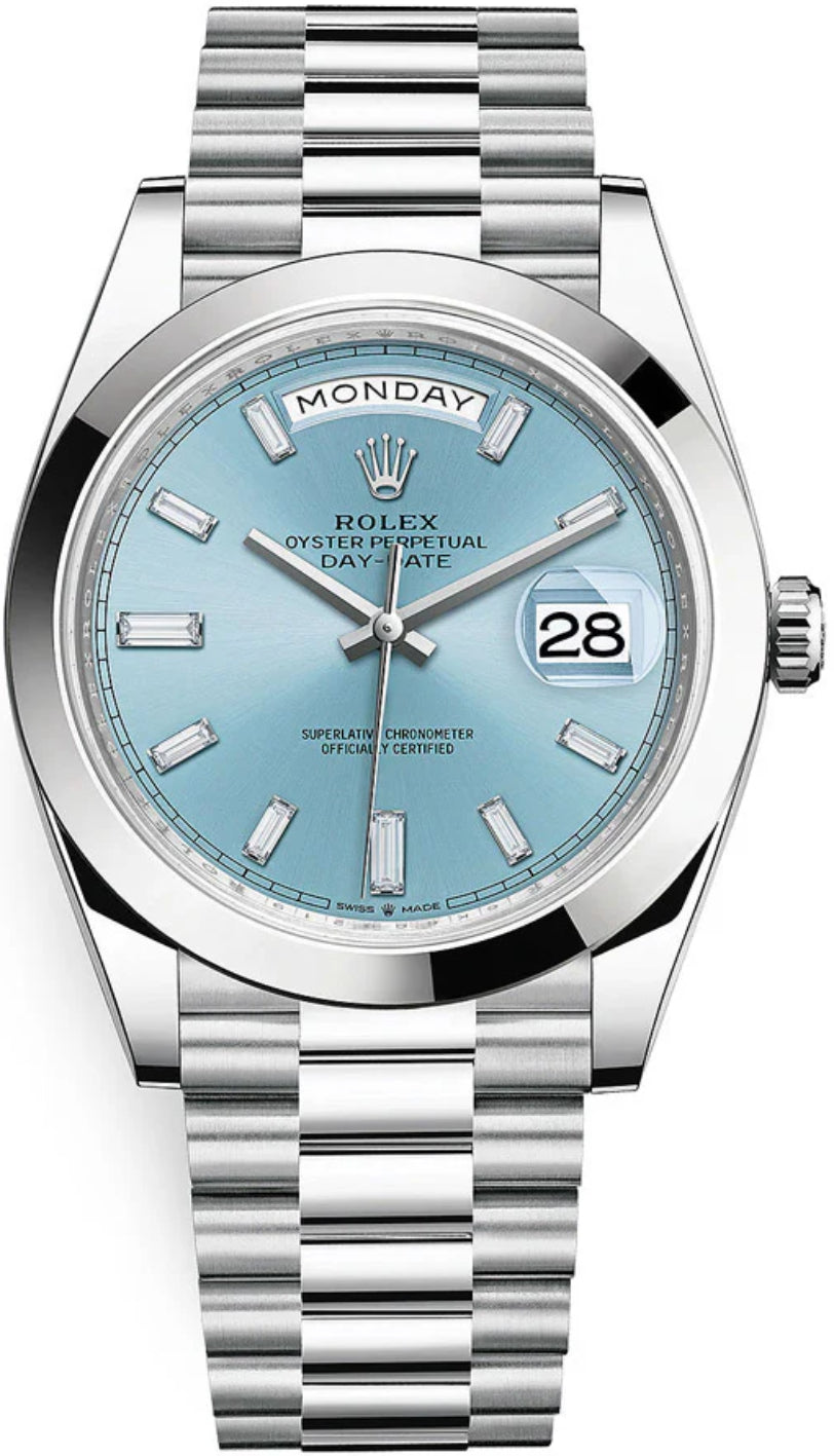 Rolex Day-Date 40 Platinum Ice Blue Diamond Dial & Smooth Bezel President Bracelet 228206 -
