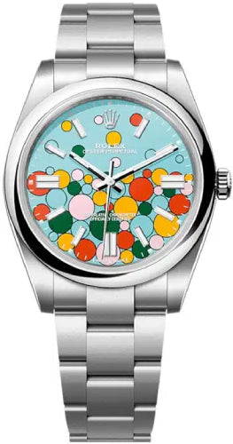 Rolex Oyster Perpetual 41 Watch - Domed Bezel - Turquoise Blue Celebration Motif Index Dial - Oyster Bracelet - 124300