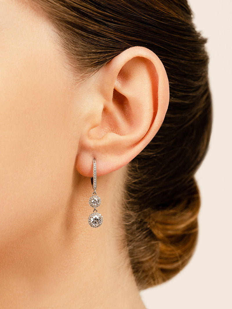 Stylish Graduated Diamond Halo Drop Diamond Earrings with 1.75 ct.(finished) 1mm, 3.5mm, 5mm