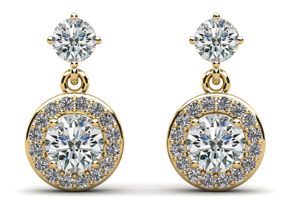 Heavenly Halo Drop Diamond Earrings with 2.00 ct.(finished) 1.1mm, 3.8mm, 5.5mm