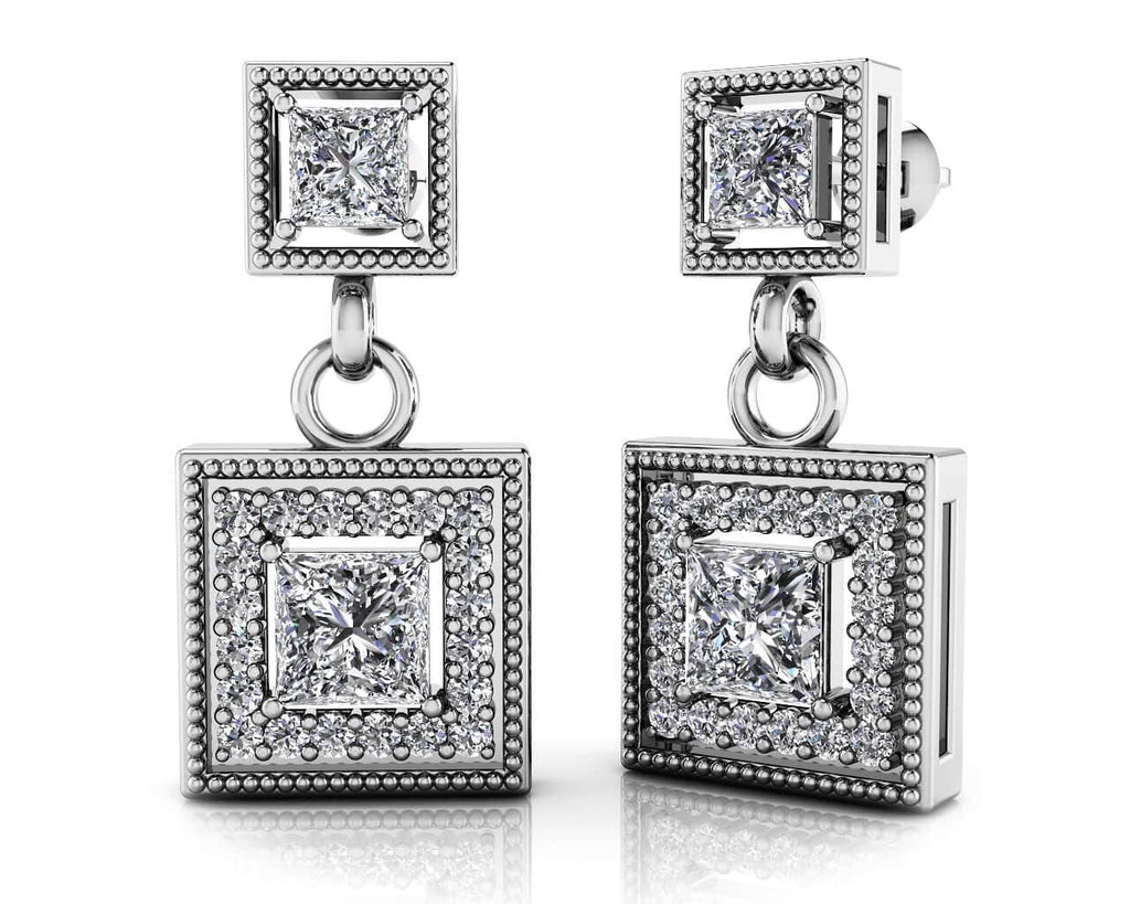 Diamond Square Drop Earrings Diamond  with 1.38 ct.(finished) 1.1mm, 3mm, 4mm