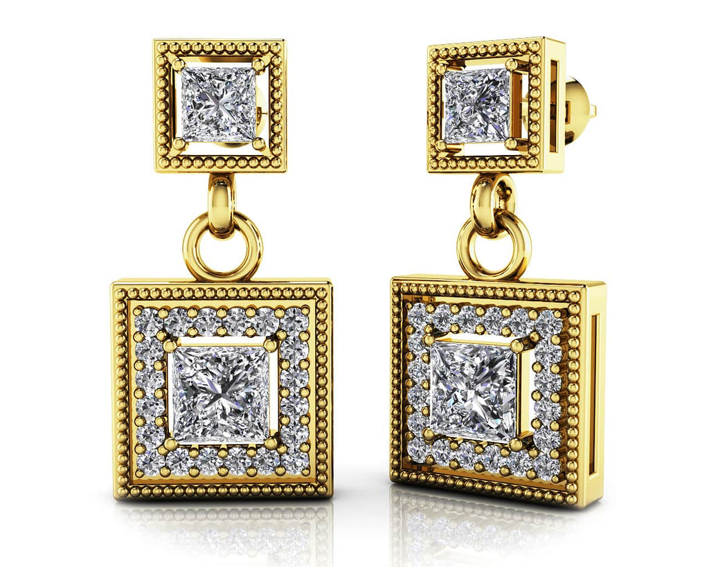 Diamond Square Drop Diamond Earrings with 1.38 ct.(finished) 1.1mm, 3mm, 4mm