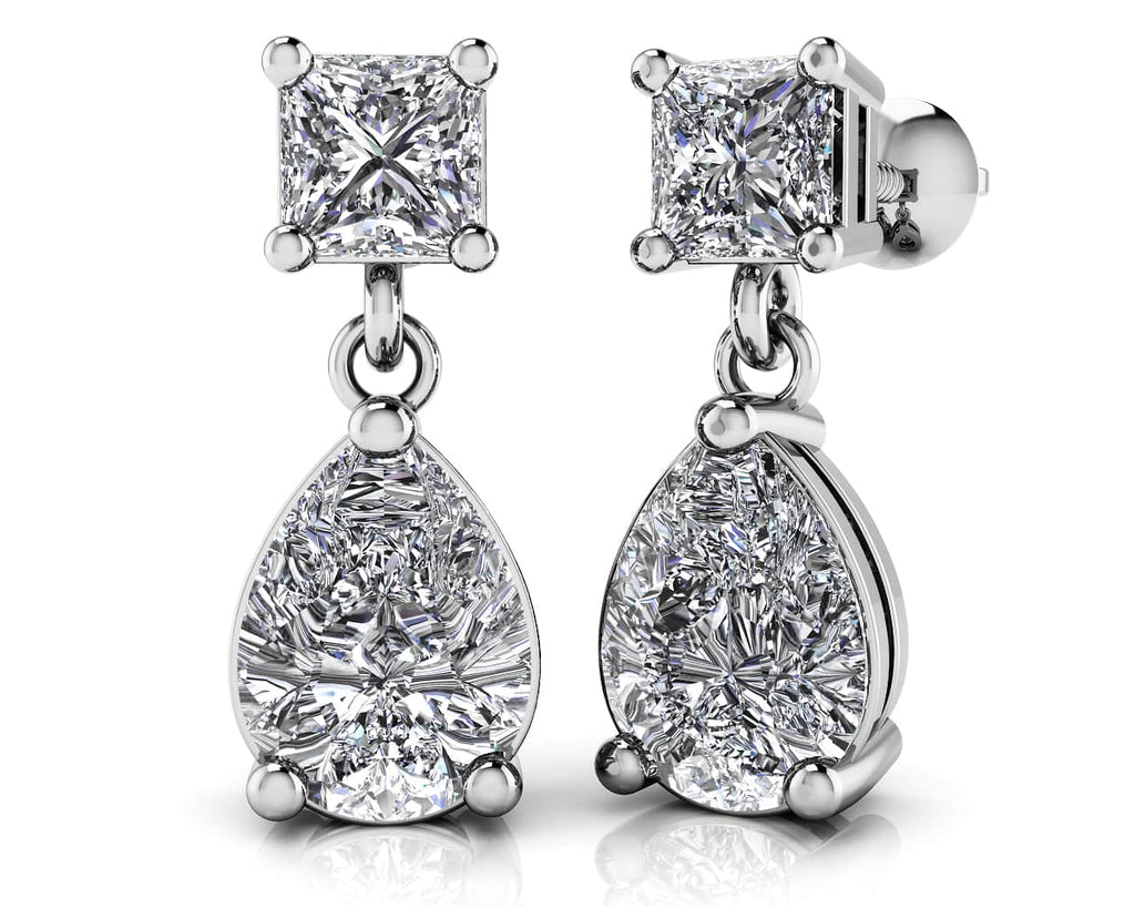 Princess Cut Diamond Teardrop Earrings Diamond  with 2.81 ct.(finished) 9x6mm, 4mm