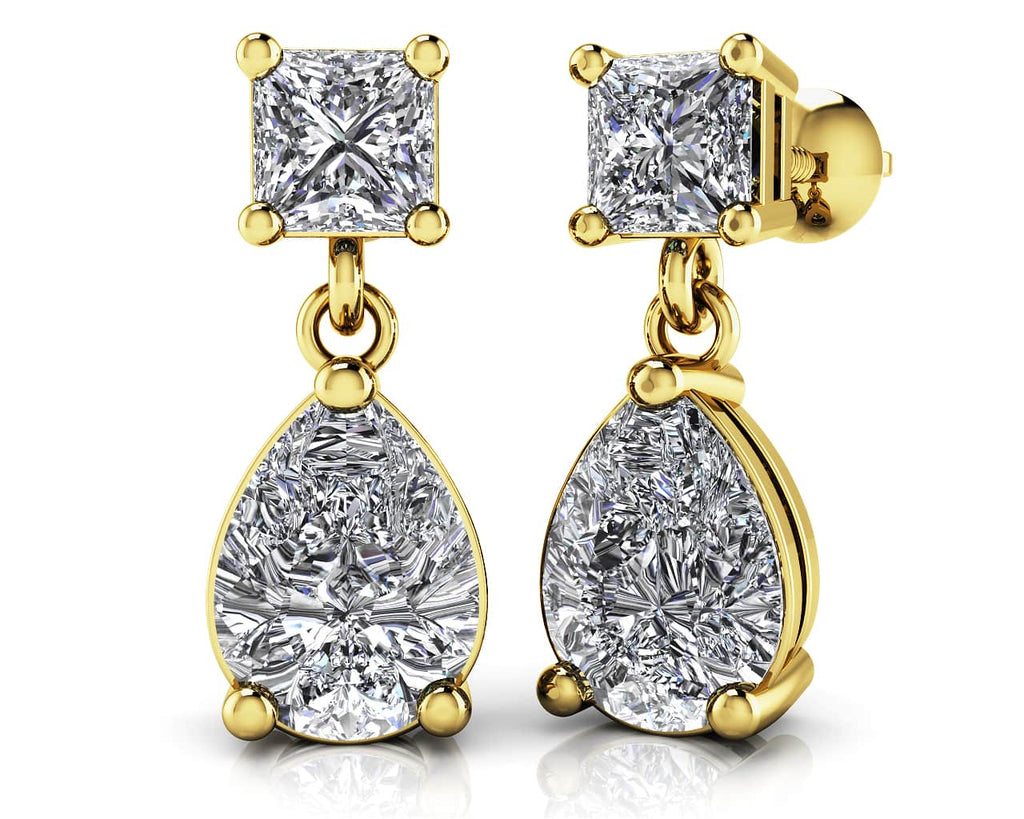 Princess Cut Diamond TearDrop Diamond Earrings with 2.14 ct.(finished) 8x5mm, 3.75mm