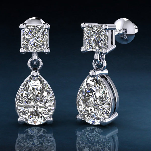 Princess Cut Diamond TearDrop Diamond Earrings with 1.53 ct.(finished) 7x5mm, 3.5mm