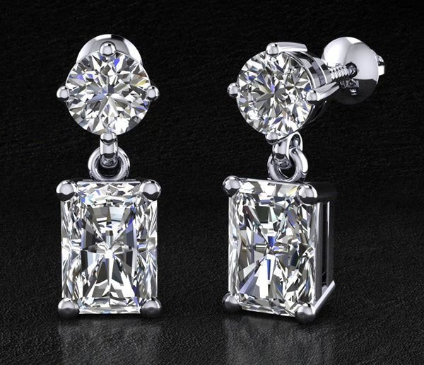 Modern Twist Emerald Cut Drop Diamond Earrings with 2.70 ct.(finished) 7x5mm, 4.5mm