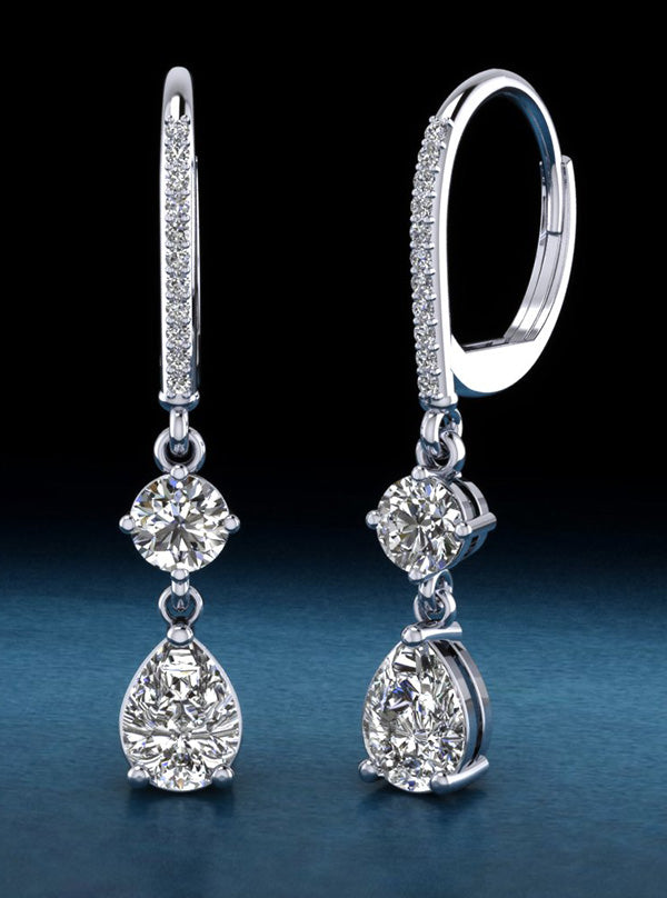 Romantic Pear Shaped Diamond Drop Diamond Earrings with 1.68 ct.(finished) 7x5mm, 1mm, 4.25mm