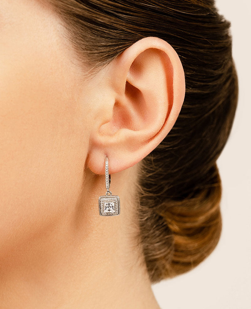 Milgrain Princess Cut Diamond Drop Diamond Earrings with 1.55 ct. (2X0.60 ct. center diamonds)