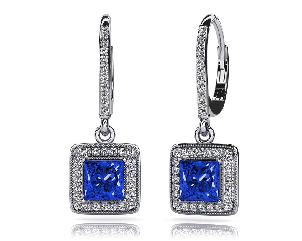 Milgrain Princess Cut Diamond And Gem Earrings Diamond  with 2.12 ct.(finished) 1.0mm, 5.2mm