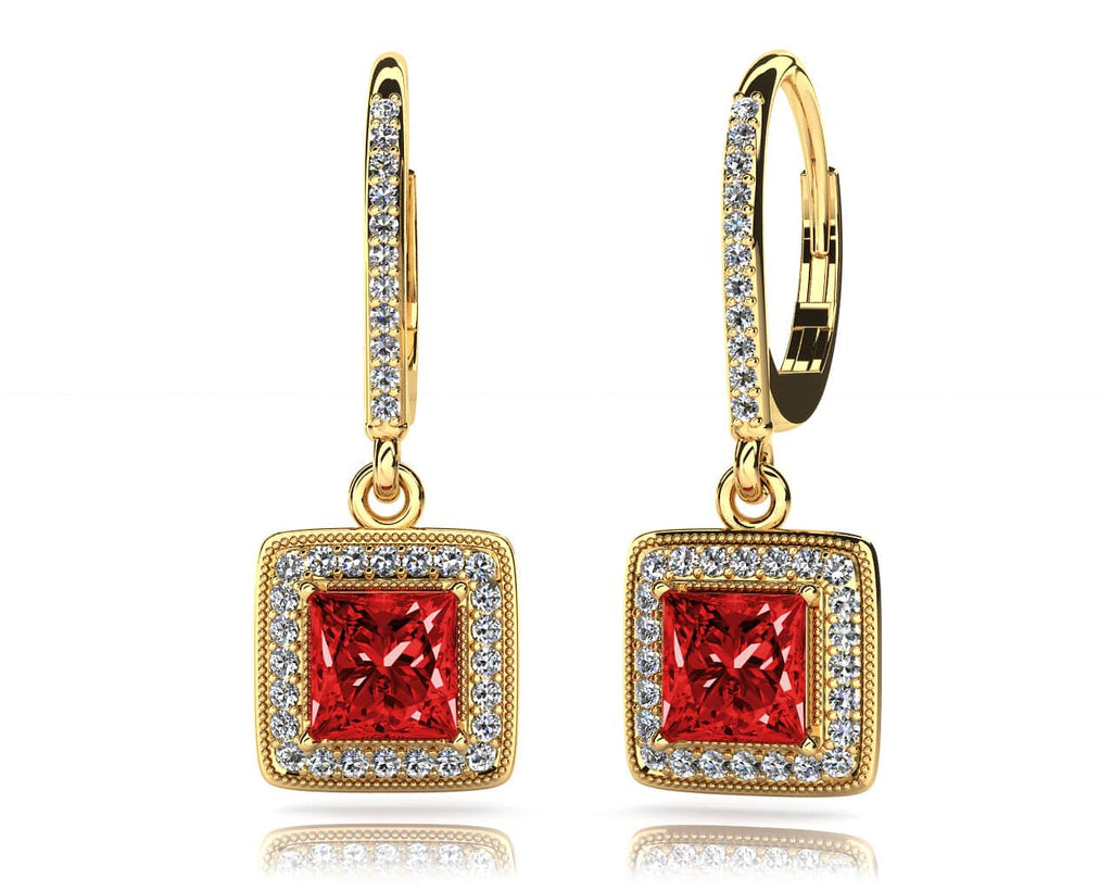 Milgrain Princess Cut Diamond And Gem Diamond Earrings with 1.11 ct.(finished) 1.0mm, 4.0mm