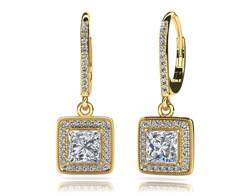 Milgrain Princess Cut Diamond Drop Diamond Earrings with 0.67 ct. (2X0.16 ct. center diamonds)