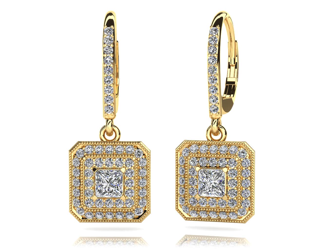 Square Shaped Princess And Round Diamond Earrings with 1.36 ct. (2X0.29 ct. center diamonds)