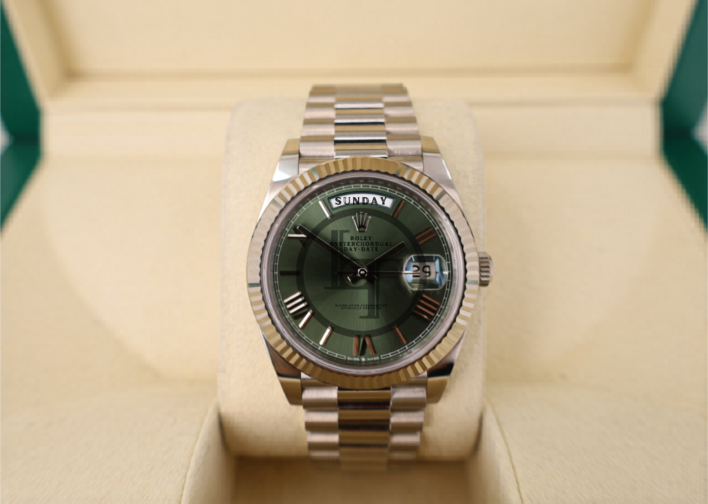 Rolex White Gold Day-Date 40 Watch - Fluted Bezel - Olive Green Bevelled Roman Dial - President Bracelet - 228239 ogrp