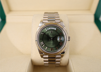 Rolex White Gold Day-Date 40 Watch - Fluted Bezel - Olive Green Bevelled Roman Dial - President Bracelet - 228239 ogrp