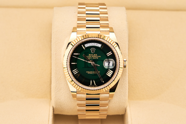 Rolex Day-Date 40 40mm Green Ombré Roman Dial Fluted Bezel President Bracelet - 228238 | 2024 Model