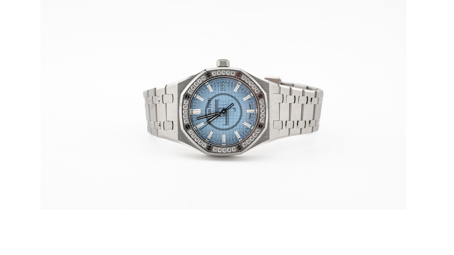 Audemars Piguet Royal Oak 34mm Stainless Steel Light Blue Dial Diamond Bezel Watch | 77451ST.ZZ.1361ST.03
