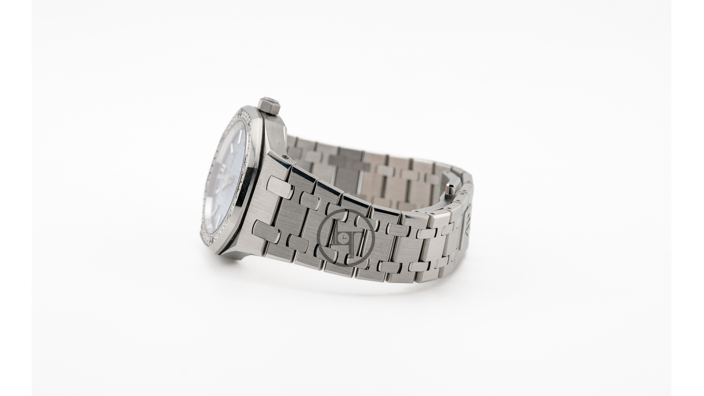 Audemars Piguet Royal Oak 34mm Stainless Steel Light Blue Dial Diamond Bezel Watch | 77451ST.ZZ.1361ST.03