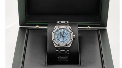 Audemars Piguet Royal Oak 34mm Stainless Steel Light Blue Dial Diamond Bezel Watch | 77451ST.ZZ.1361ST.03