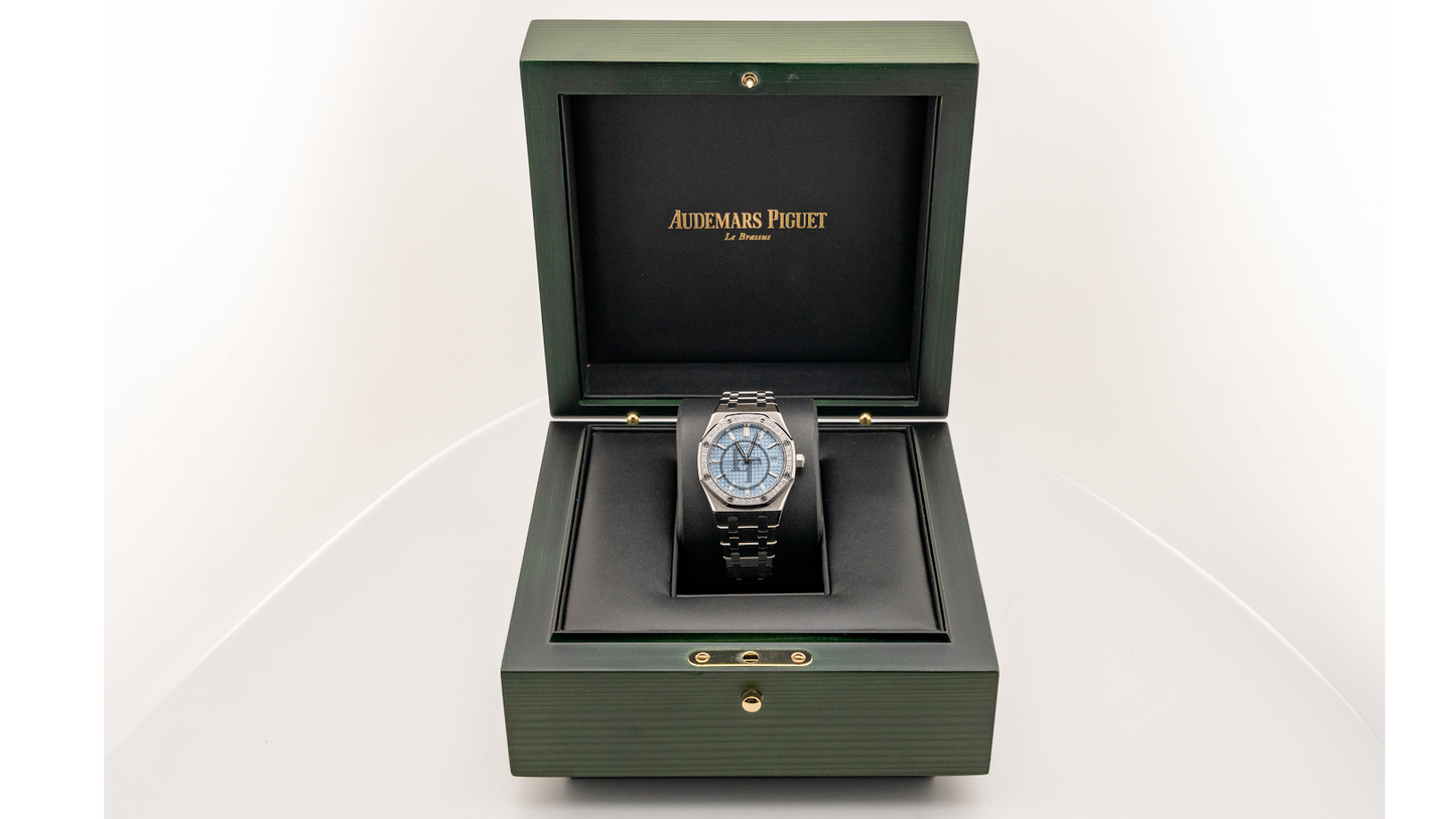 Audemars Piguet Royal Oak 34mm Stainless Steel Light Blue Dial Diamond Bezel Watch | 77451ST.ZZ.1361ST.03