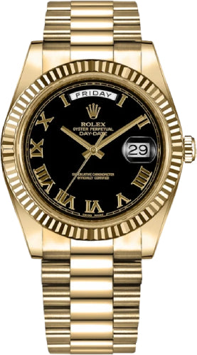 Rolex Day-Date II Yellow Gold 41mm Black Roman Fluted President Bracelet 218238