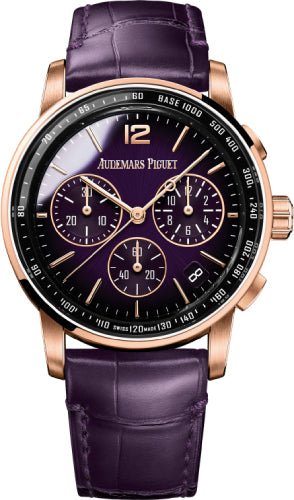 Audemars Piguet Code 11.59 Selfwinding 41mm Chronograph Rose Gold/Sapphire Purple Dial Leather Strap - 26393OR.OO.A616CR.01 - Luxury Time NYC