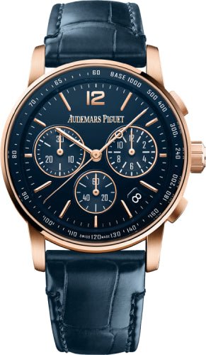 Audemars Piguet Code 11.59 Selfwinding Chronograph 41mm Rose Gold/Sapphire Blue Dial Leather Strap | 26393OR.OO.A321CR.01 - Luxury Time NYC