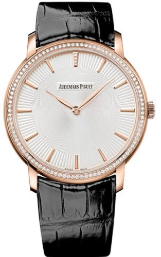 Audemars Piguet Jules Audemars Extra - Thin 41mm Silver Index Diamond Bezel Rose Gold Leather | 15182OR.ZZ.A102CR.01 - Luxury Time NYC