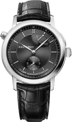 Audemars Piguet Jules Audemars Grande Sonnerie Carillon 39mm Black Guilloche Index Platinum Leather | 26344PT.OO.D002CR.02 - Luxury Time NYC